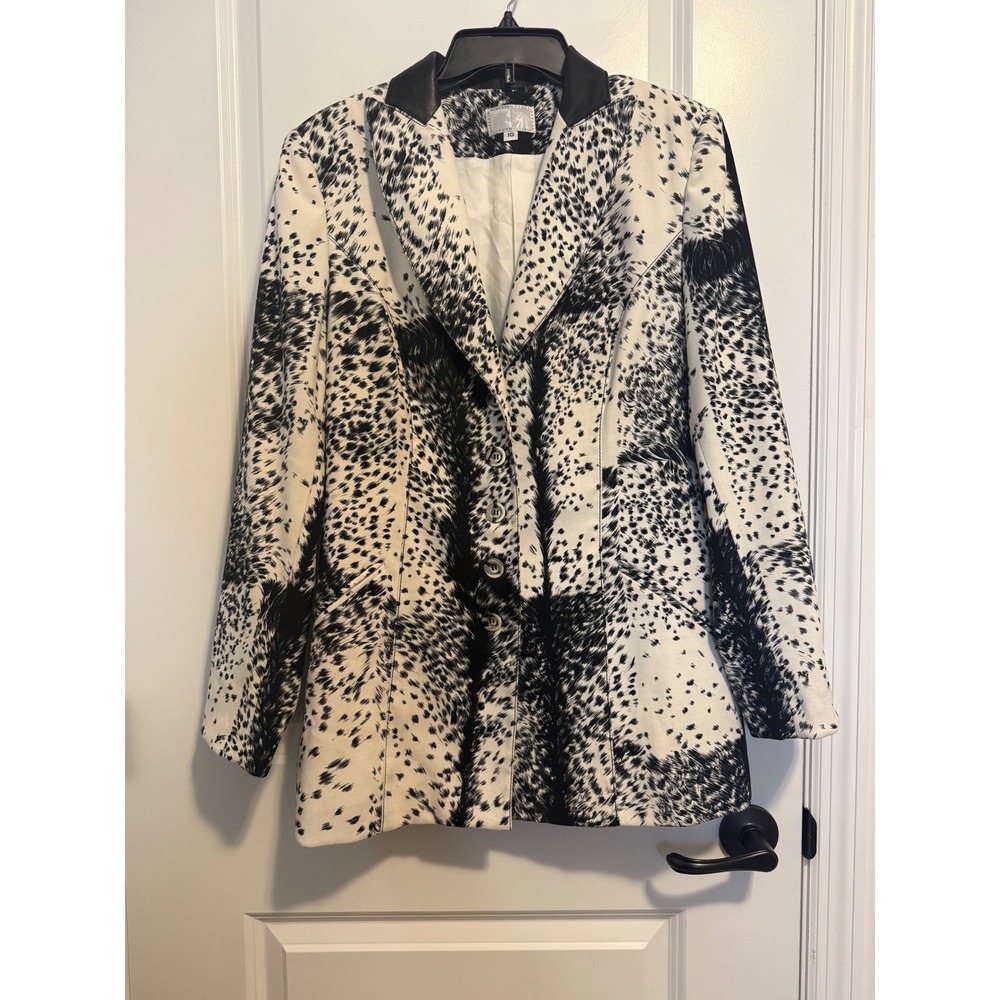 Alberto Makali Blazer Womens 10 White Black Good Leather Collar Animal Print